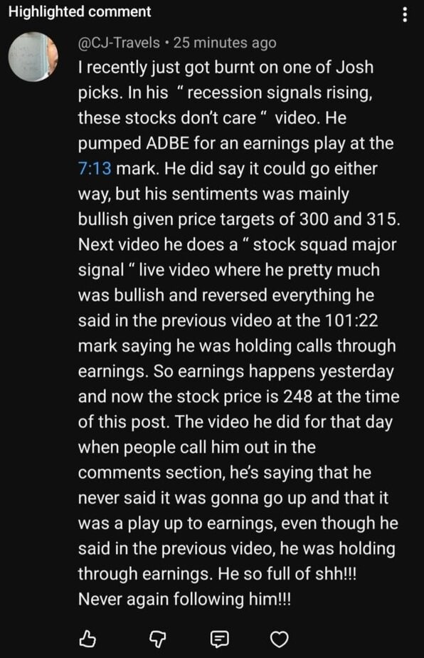 Screenshot 20260313 080515 YT Studio 1 Screenshot of a YouTube comment from a viewer exposing Stocks with Josh Nichols for a failed Adobe ADBE earnings trade and revisionist history.