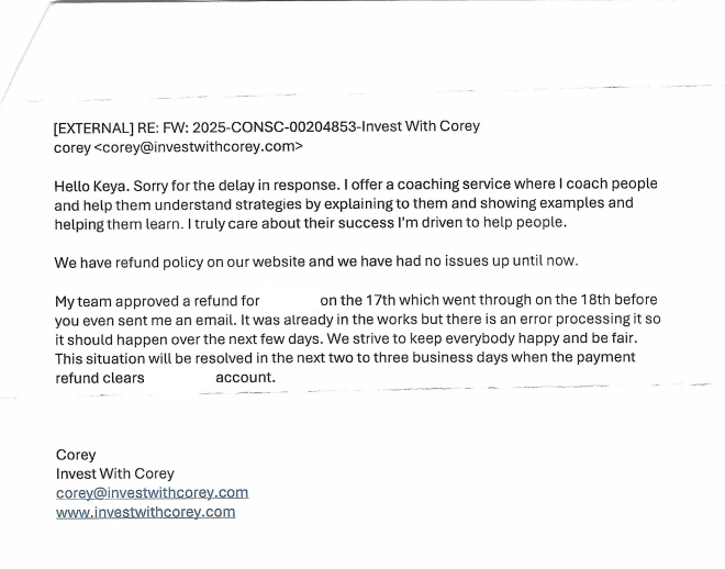 Corey Benoit's email response to Illinois Attorney General forcing a refund