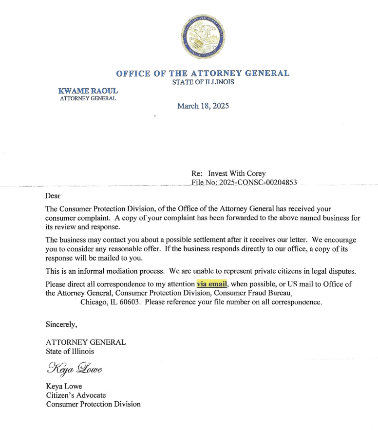 Illinois Attorney General Consumer Protection complaint against Invest with Corey, March 18, 2025