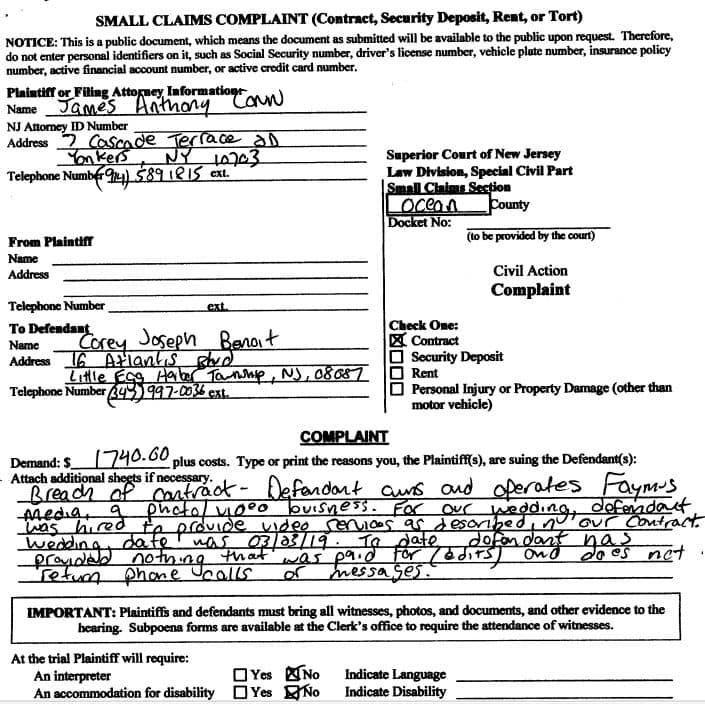 Lawsuit against Corey Joseph Benoit for $1,740 for failing to deliver wedding video, Ocean County NJ Superior Court Small Claims 2019