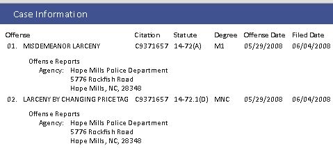 Corey Benoit 2008 misdemeanor larceny charge in Hope Mills NC including larceny by changing price tag