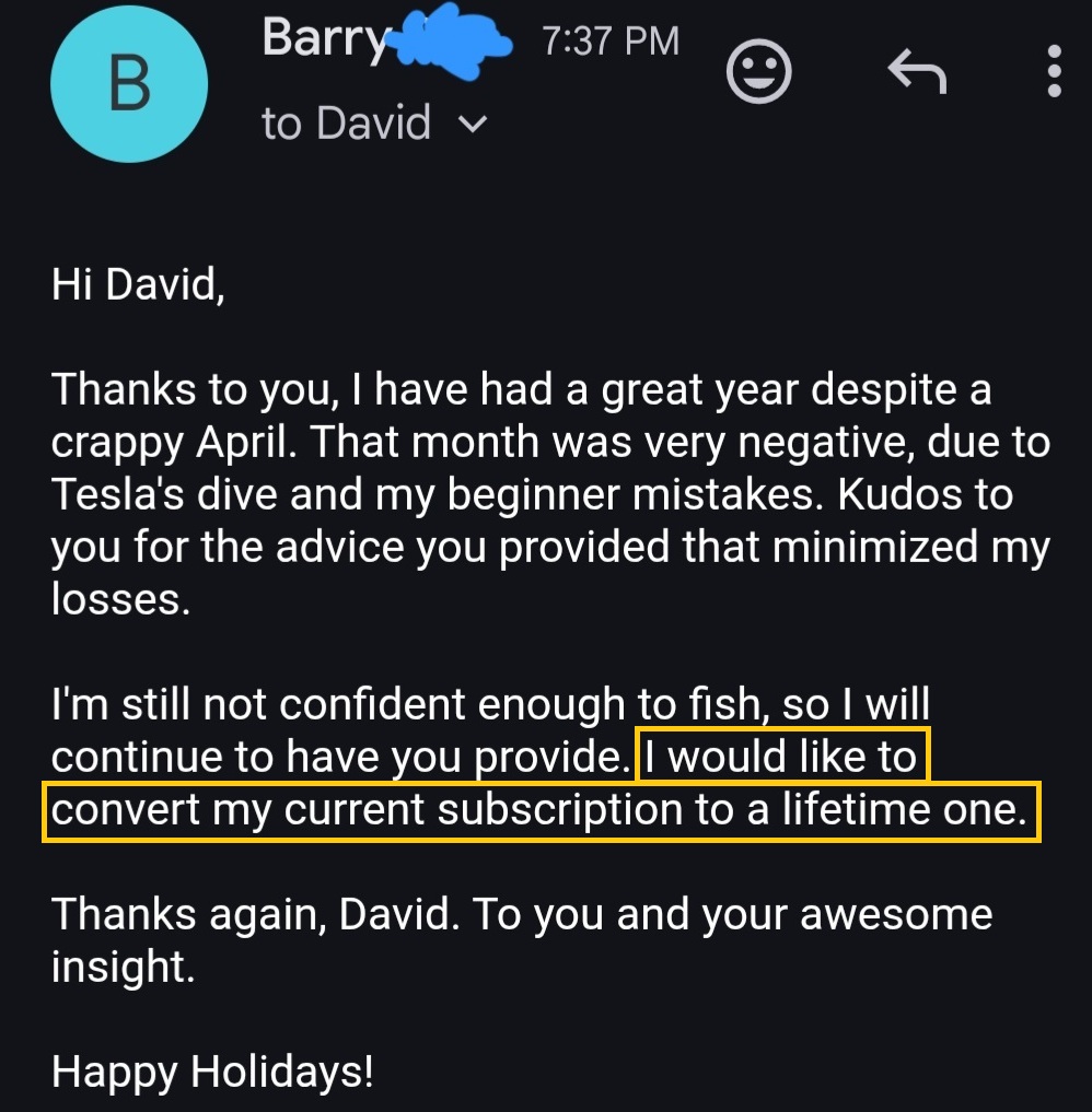 Verified member Barry - requesting upgrade to lifetime subscription after profitable year