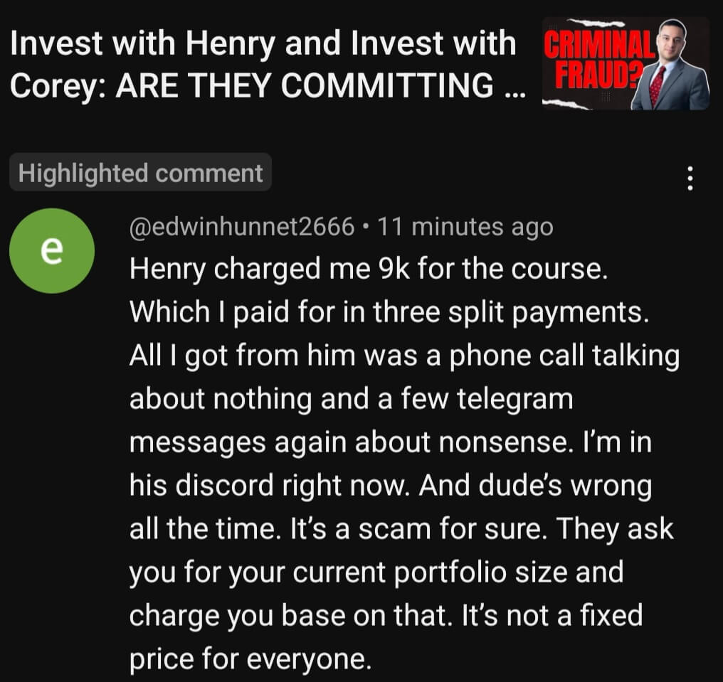 Invest-with-Henry-9k-Variable-Pricing Invest with Henry review: customer paid $9,000, reveals variable pricing based on portfolio size