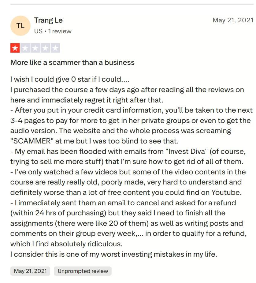 Kiana Danial Invest Diva review. "More like a scammer than a business" and "one of the worst investing mistakes of my life"