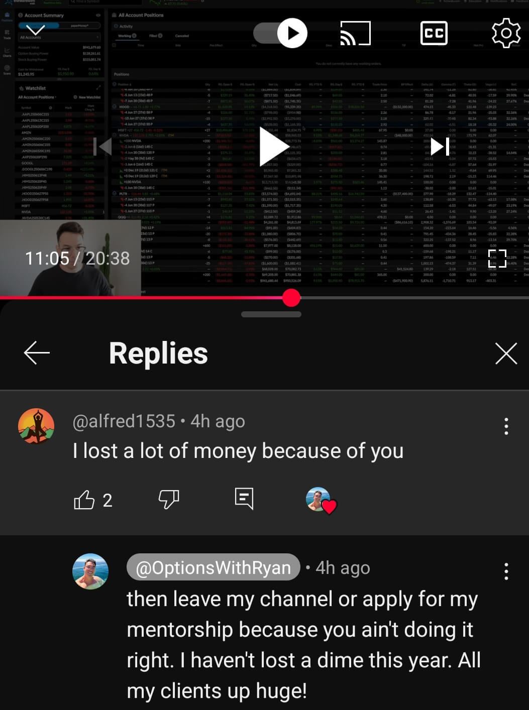 Options with Ryan review: customer says "I lost a lot of money because of you" — Ryan responds "leave my channel or apply for my mentorship"