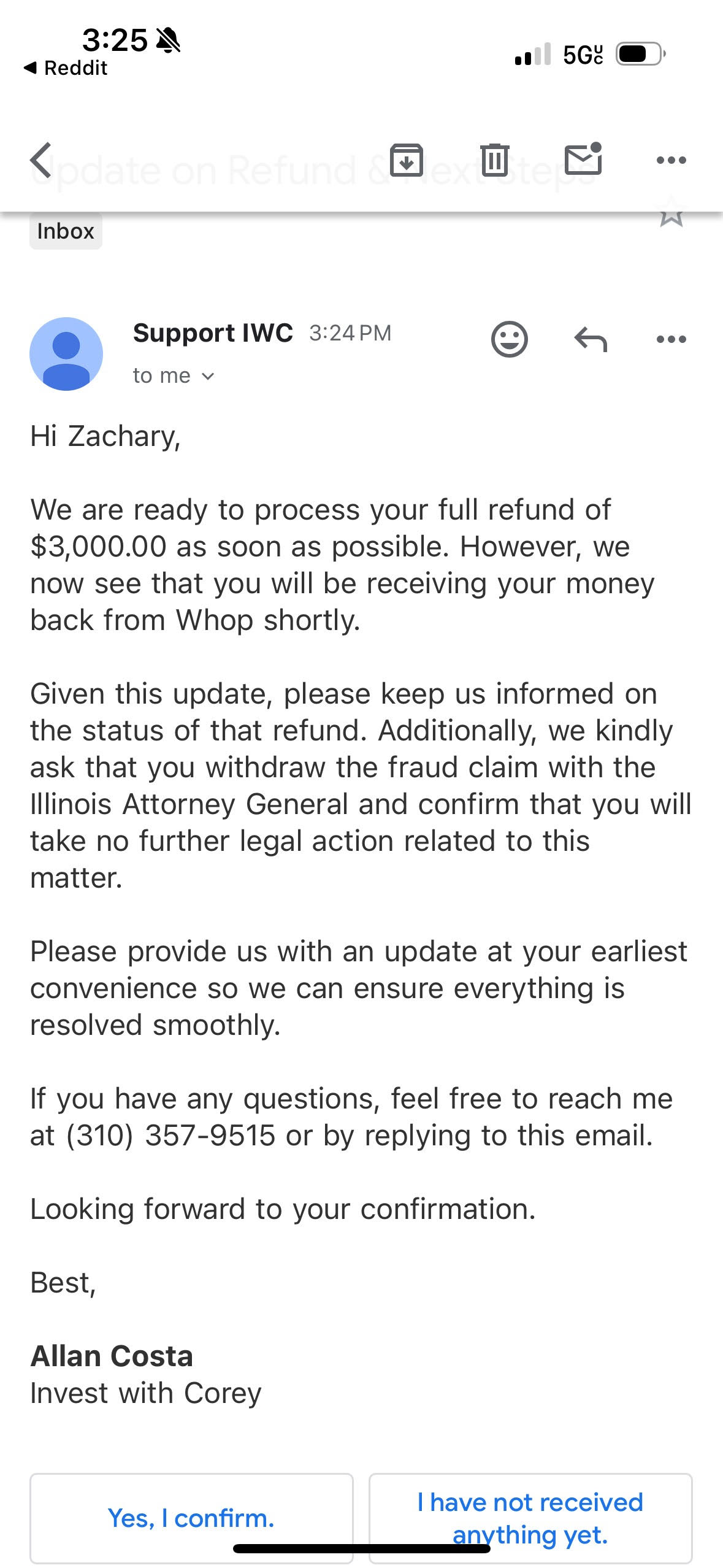 Email from Allan Costa Invest with Corey offering $3,000 refund conditional on withdrawing Illinois Attorney General fraud complaint