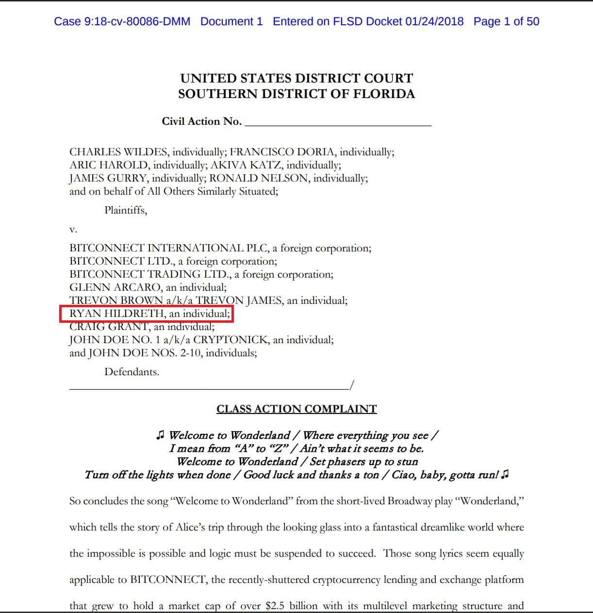 Ryan Hildreth option with Ryan Defendant after being used in class-action BitConnect scam