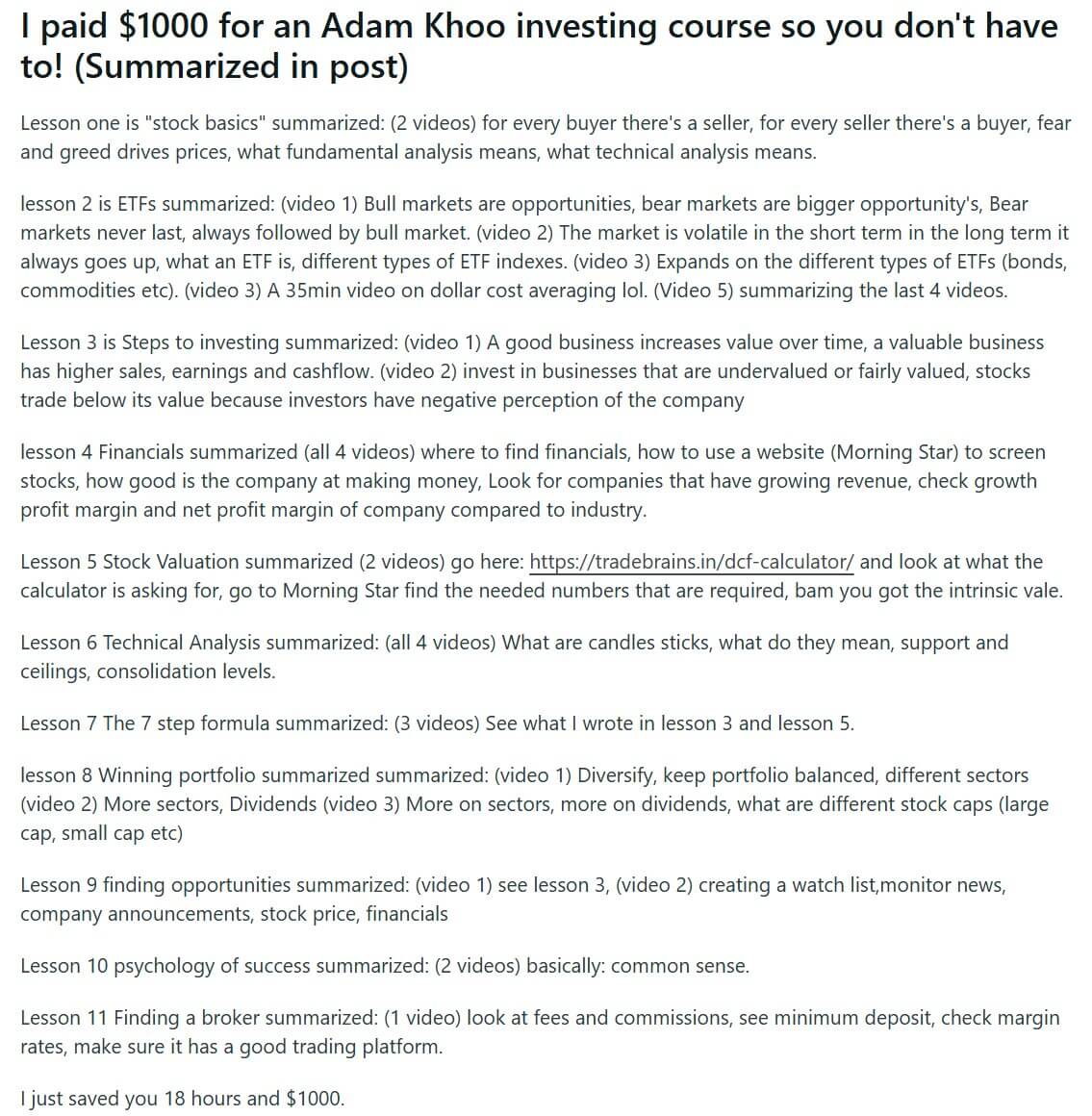 Adam Khoo Piranha Profits Review Reddit post titled "I paid $1,000 for an Adam Khoo investing course so you don't have to