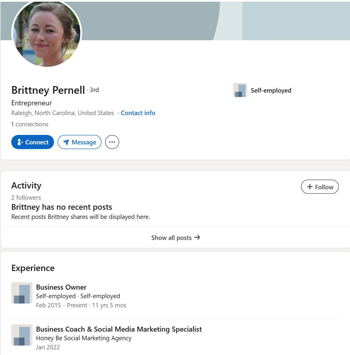 Peachy Investor Brittney Pernell Linkedin Page lists her as a social media marketer