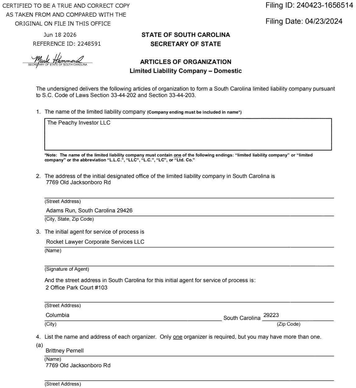 Peachy Investor Brittney Pernell South Carolina Secretary of State Filing