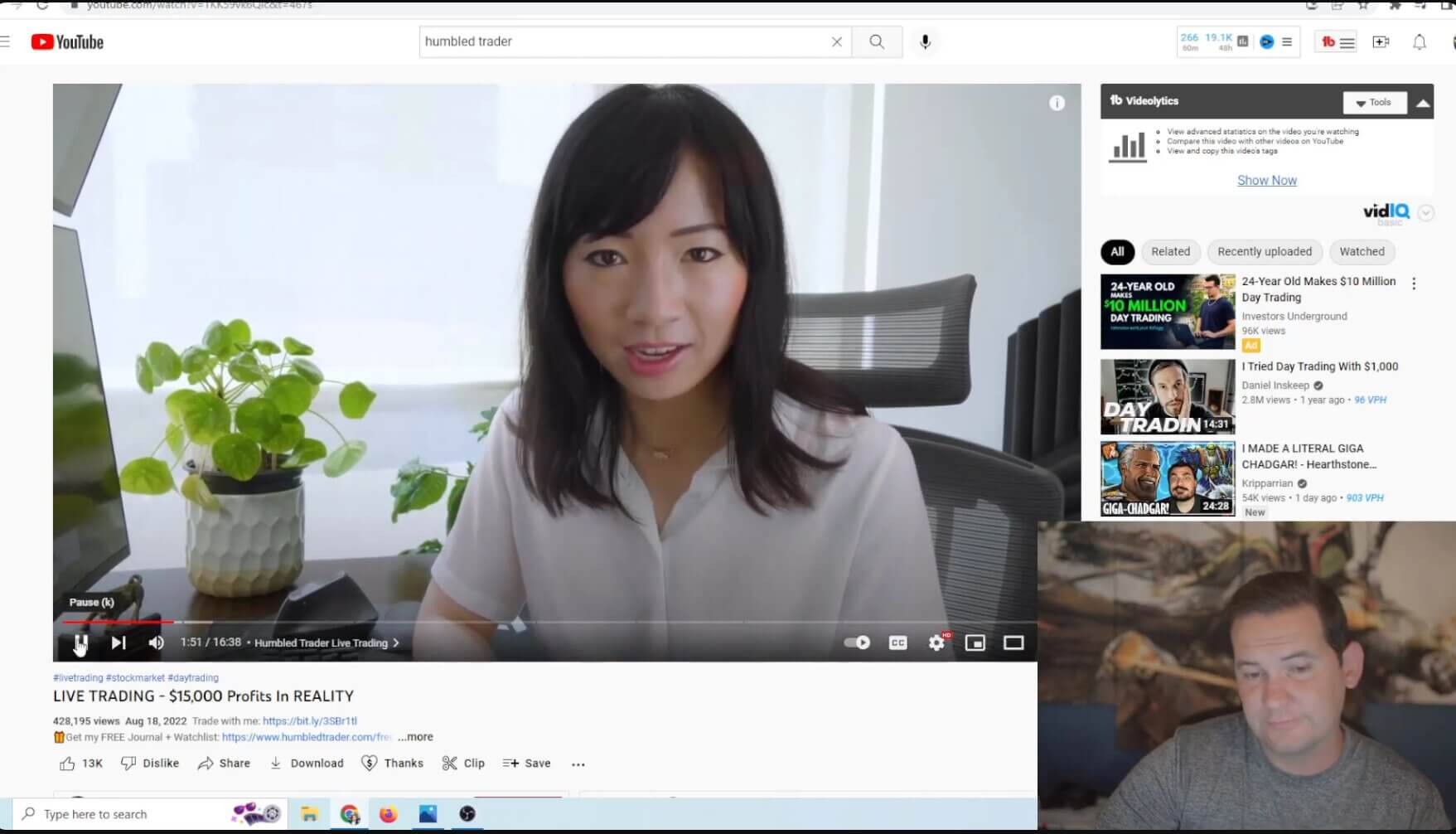 Humbled Trader video titled "live trading" in which Shay Huang states she is recording her screen rather than trading live.