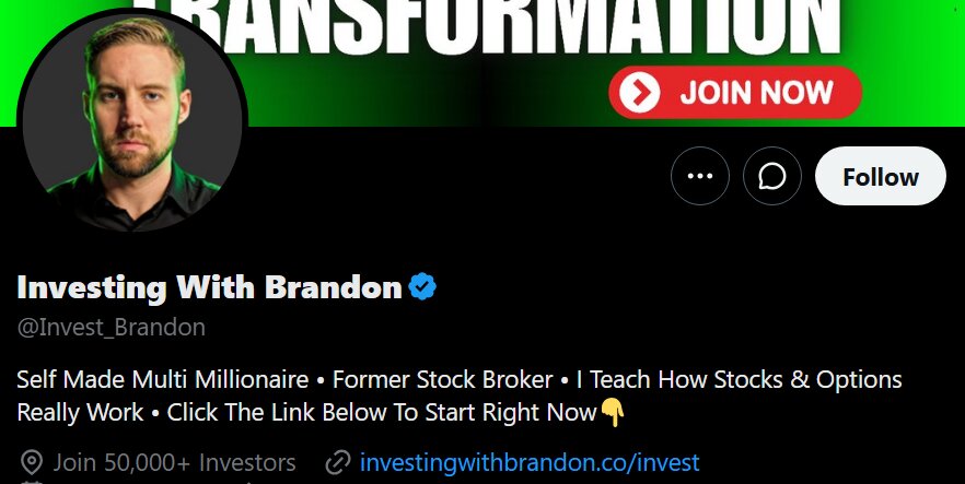 Investing With Brandon X bio claiming Self Made Multi Millionaire and Former Stock Broker