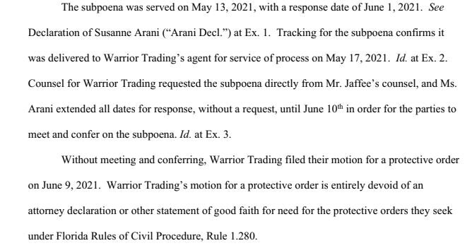 Warrior Trading subpoena