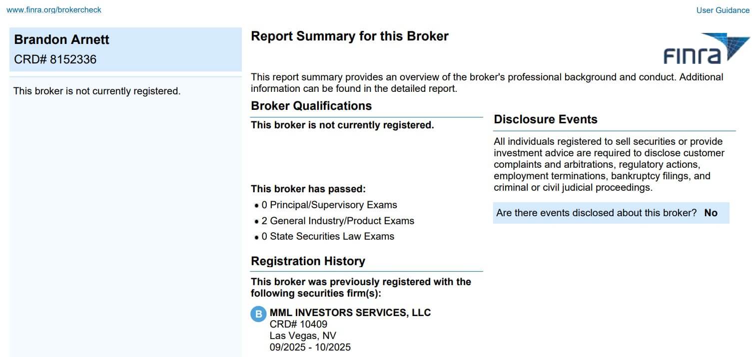 Brandon Arnett FINRA BrokerCheck record showing he is not currently registered