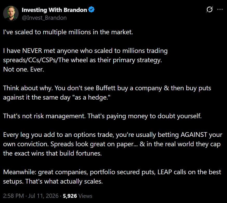 Investing With Brandon tweet calling hedging paying money to doubt yourself and dismissing spreads as capping wins