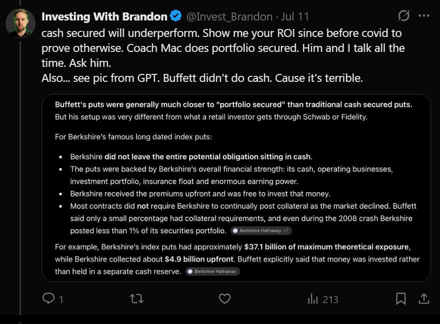 Investing With Brandon reply confirming he sells portfolio secured puts on margin and calling cash secured terrible