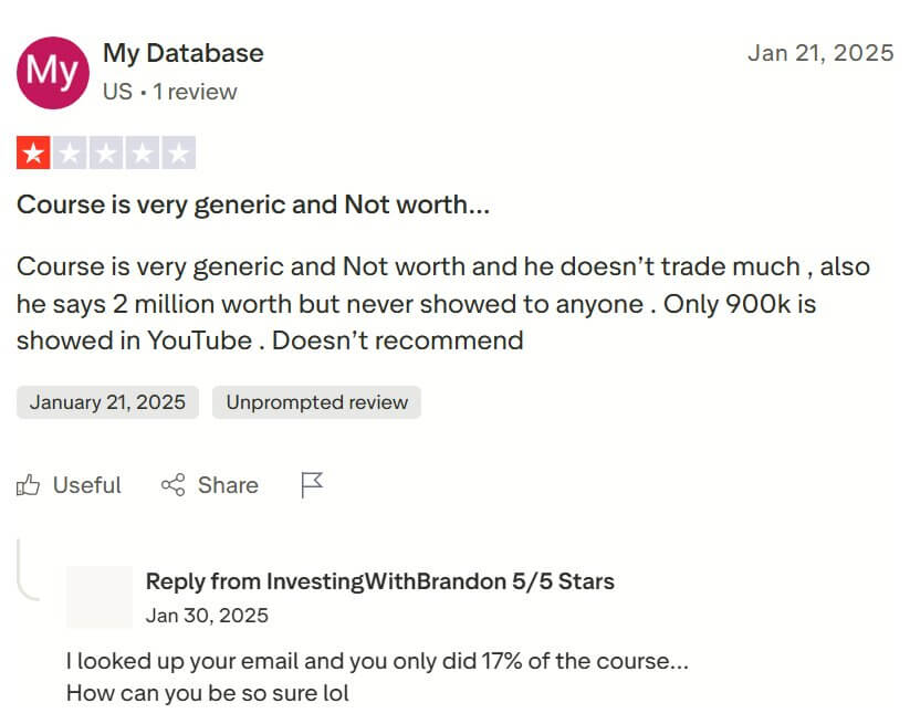 Trustpilot review stating Brandon claims 2 million but has only shown 900k