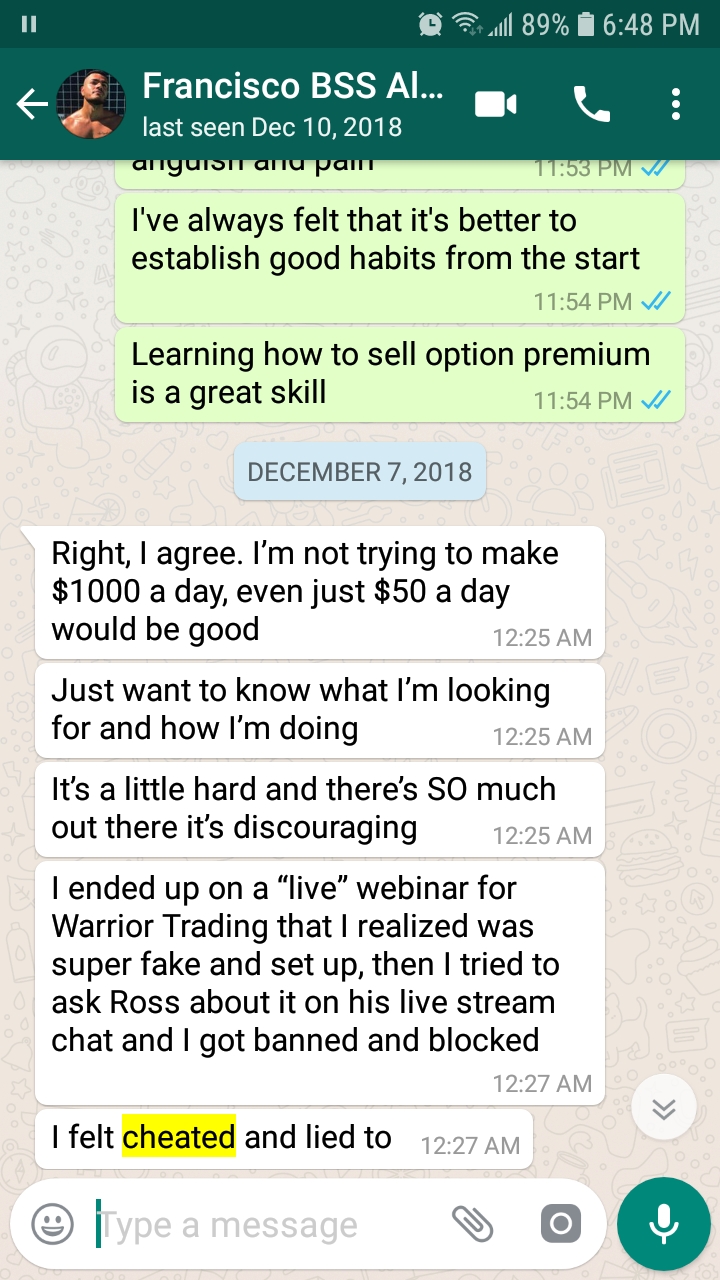 WhatsApp message dated 7 December 2018 from student Francisco saying a Warrior Trading live webinar was fake and he was banned