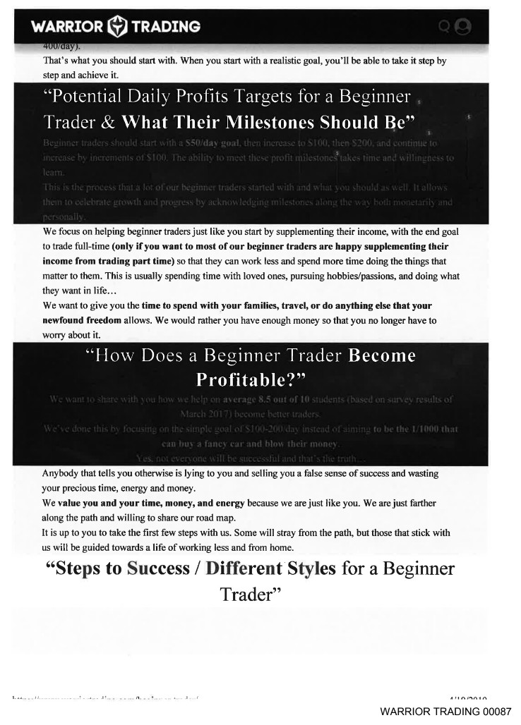 Warrior Trading marketing page claiming 8.5 out of 10 students become better traders, March 2017 survey