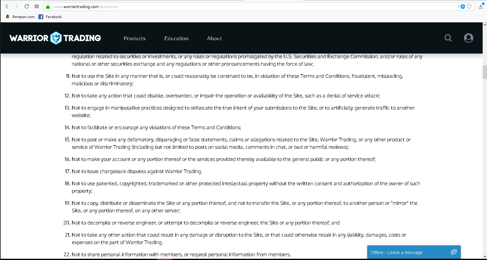 Historical Warrior Trading terms captured January 31, 2019. The excerpt includes restrictions concerning negative reviews and chargeback disputes. This is a separate document from complaint #12; it does not independently establish what happened in that customer’s transaction.