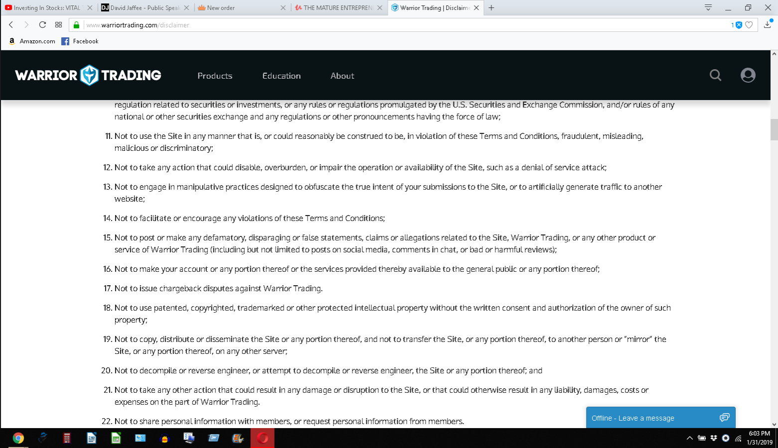 Warrior Trading terms of service clause 15 banning bad or harmful reviews, captured 31 January 2019