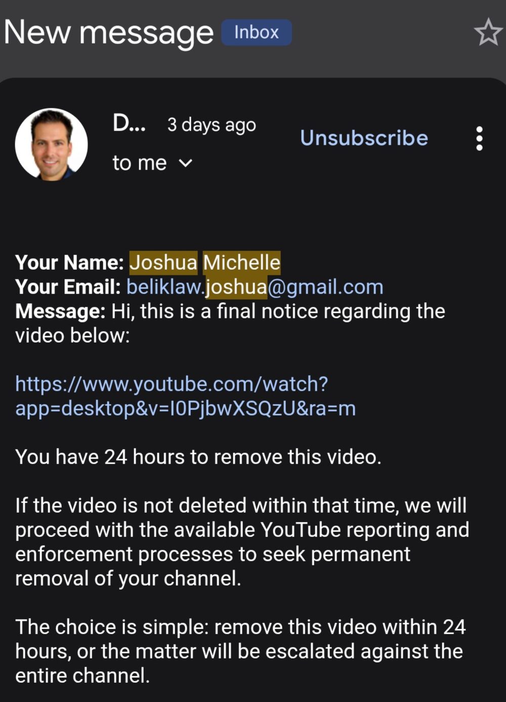 Felix Prehn video fake DMCA claims and threats