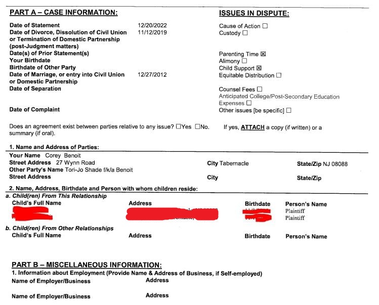 Corey Benoit December 20, 2022 sworn court filing showing divorce information