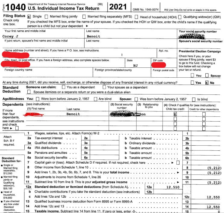 Corey Benoit 2021 tax return showing zero capital gains, no brokerage account
